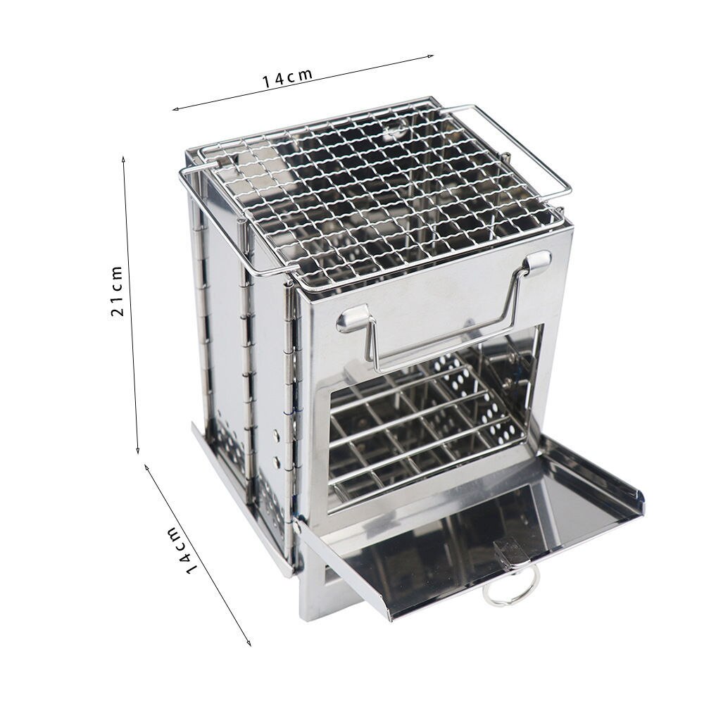 Outdoor Tourism Stainless Steel Square Wood Stove BBQ Grill Picnic Stove Charcoal Folding Grill High temperature Durability