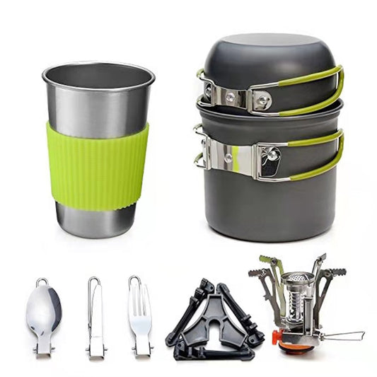 10PCS Camping Cookware Mess Kit with Mini Stove, Bracket Knife Fork Spoon, Stainless Steel Cup for Outdoor Camping Hiking Picnic