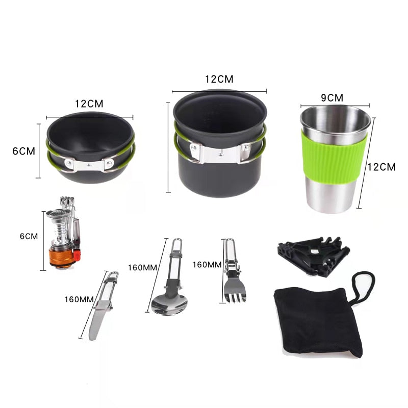 10PCS Camping Cookware Mess Kit with Mini Stove, Bracket Knife Fork Spoon, Stainless Steel Cup for Outdoor Camping Hiking Picnic