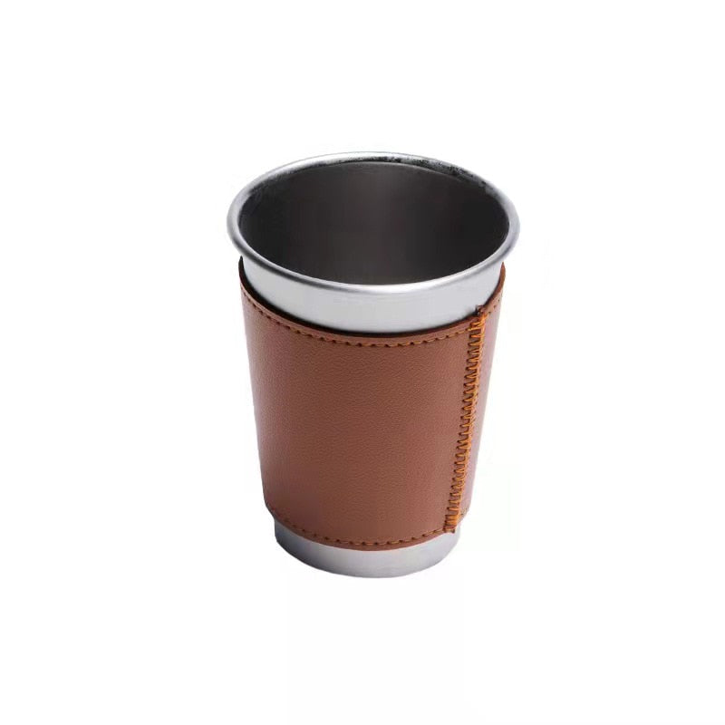 4PCS/lot 10-16oz Outdoor Camping Tableware Travel Cups Set Stainless Steel leather case Drinking Glasses Beer Cup cold drink cup