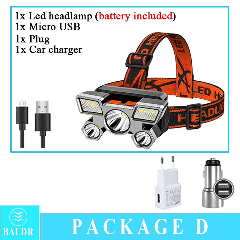 5 LED Built in 18650 Battery Headlamp USB Rechargeable Portable Flashlight Lantern Headlamp Outdoor Camping Headlight