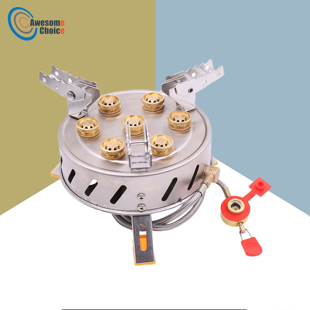 7-head Camping Wind Proof Gas Burner Outdoor Strong Fire Stove Heater Tourism Equipment Supplies Tourist Kitchen Survival Trips