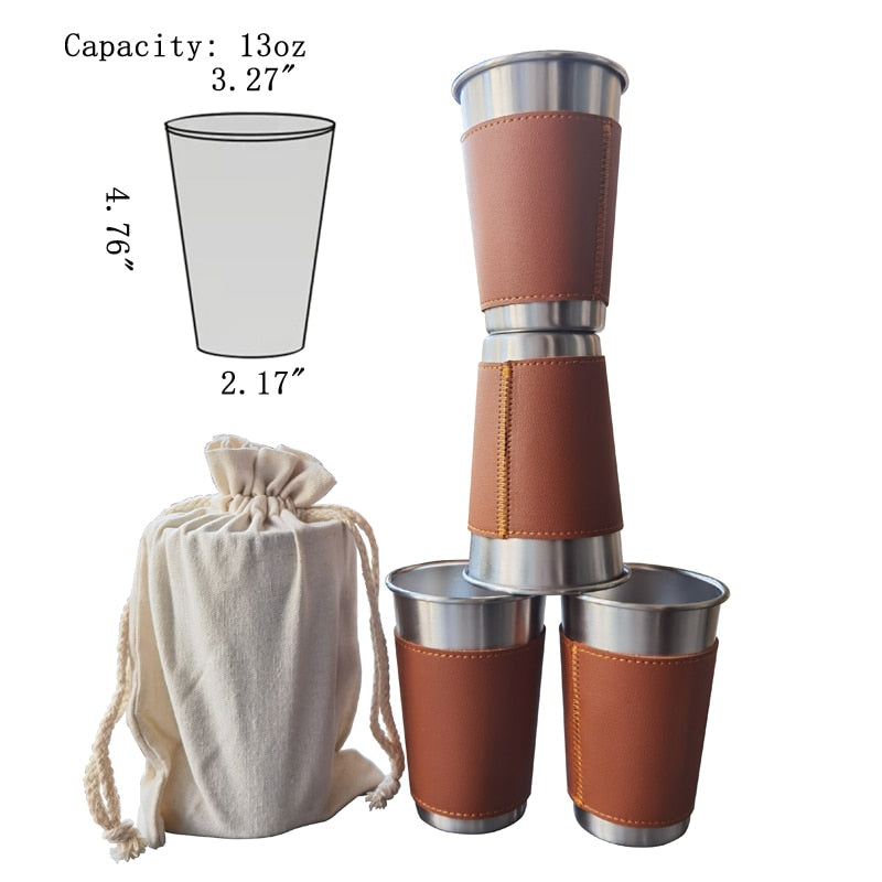 4PCS/lot 10-16oz Outdoor Camping Tableware Travel Cups Set Stainless Steel leather case Drinking Glasses Beer Cup cold drink cup