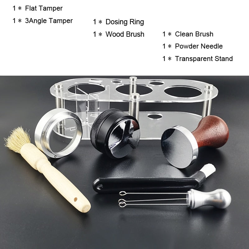 1-7Pcs 51mm/53mm/58mm Adjustable 3Angle Flat Base Coffee Tamper Powder Needle Clean Brush With Transparent Stand Accessories