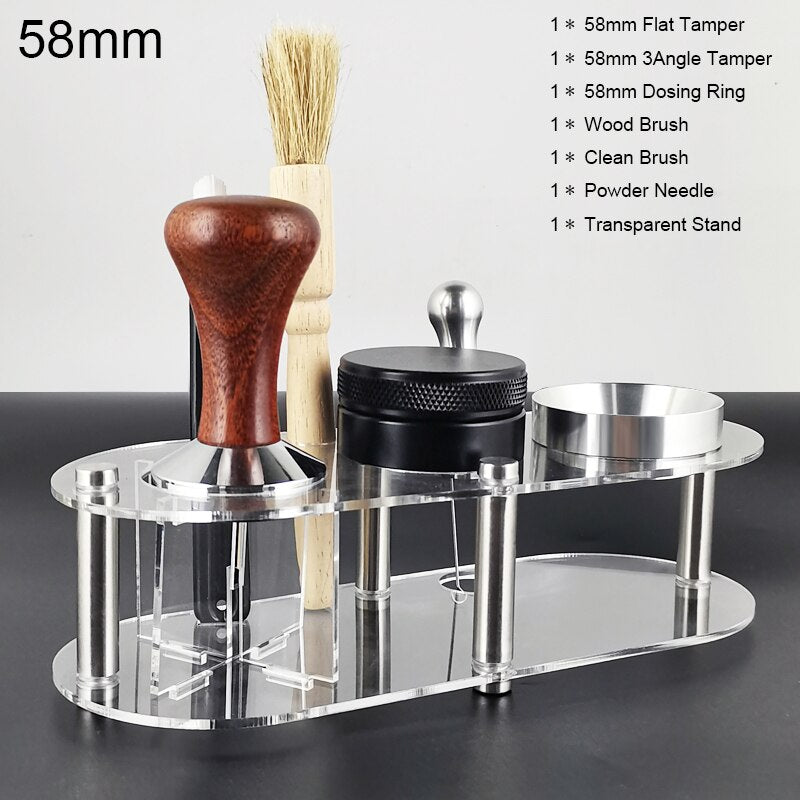 1-7Pcs 51mm/53mm/58mm Adjustable 3Angle Flat Base Coffee Tamper Powder Needle Clean Brush With Transparent Stand Accessories
