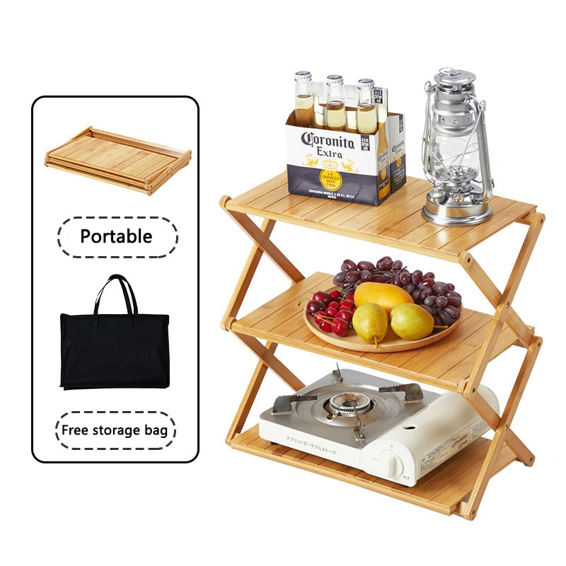 4-Tire Outdoor Rack Camping Picnic Portable Multi-functional Folding Table Multi-layer Bamboo Rack
