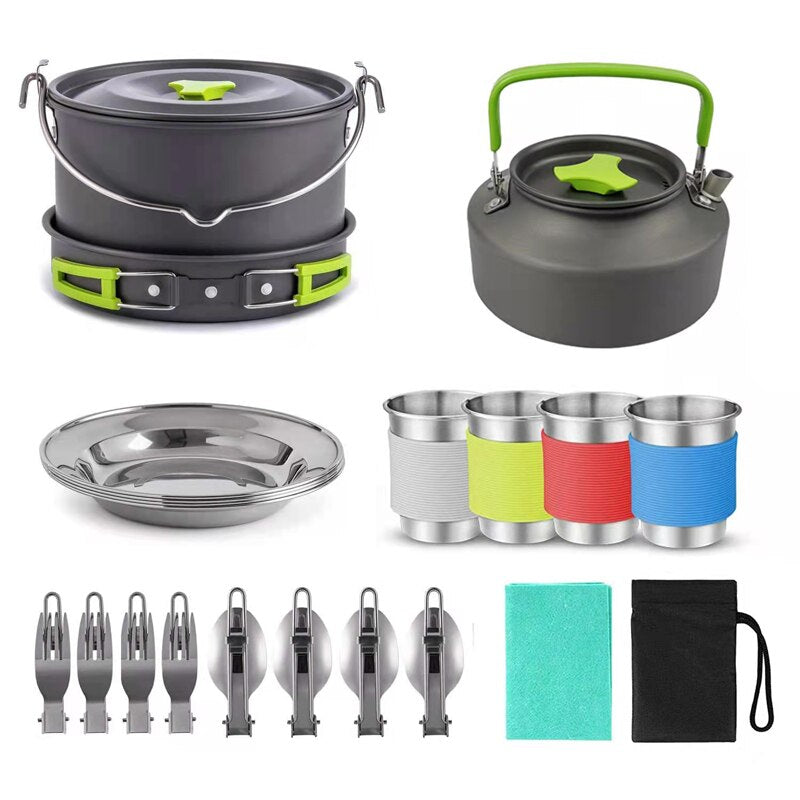 22PCS lightwelght soup pots, pans, teapots whit 4 cupsCamping Cooking kit for 4 person  Outdoor Camping Hiking Picnic
