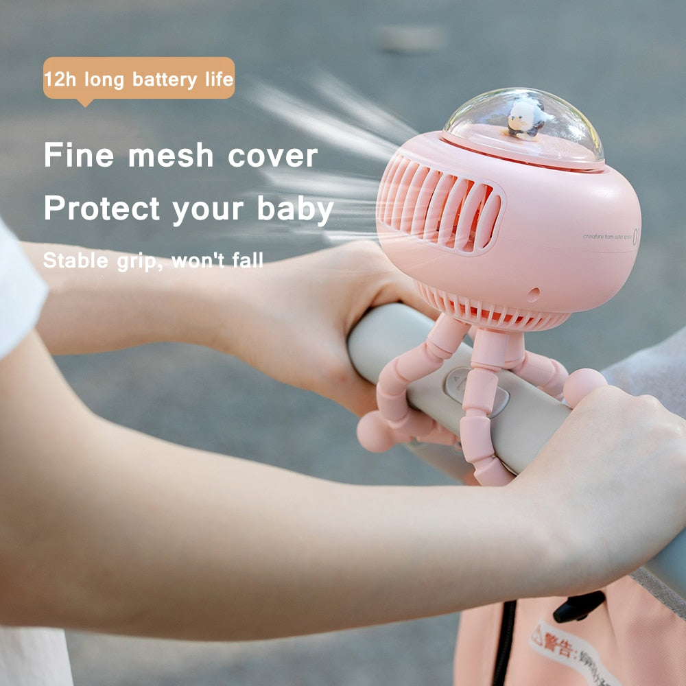 Cartoon UFO Portable Bladeless Safety Baby Stroller Fan USB Rechargeable Silent Outdoor Mini Handheld Small Folding Fan for Home