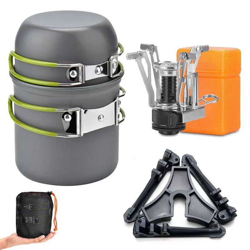10PCS Camping Cookware Mess Kit with Mini Stove, Bracket Knife Fork Spoon, Stainless Steel Cup for Outdoor Camping Hiking Picnic