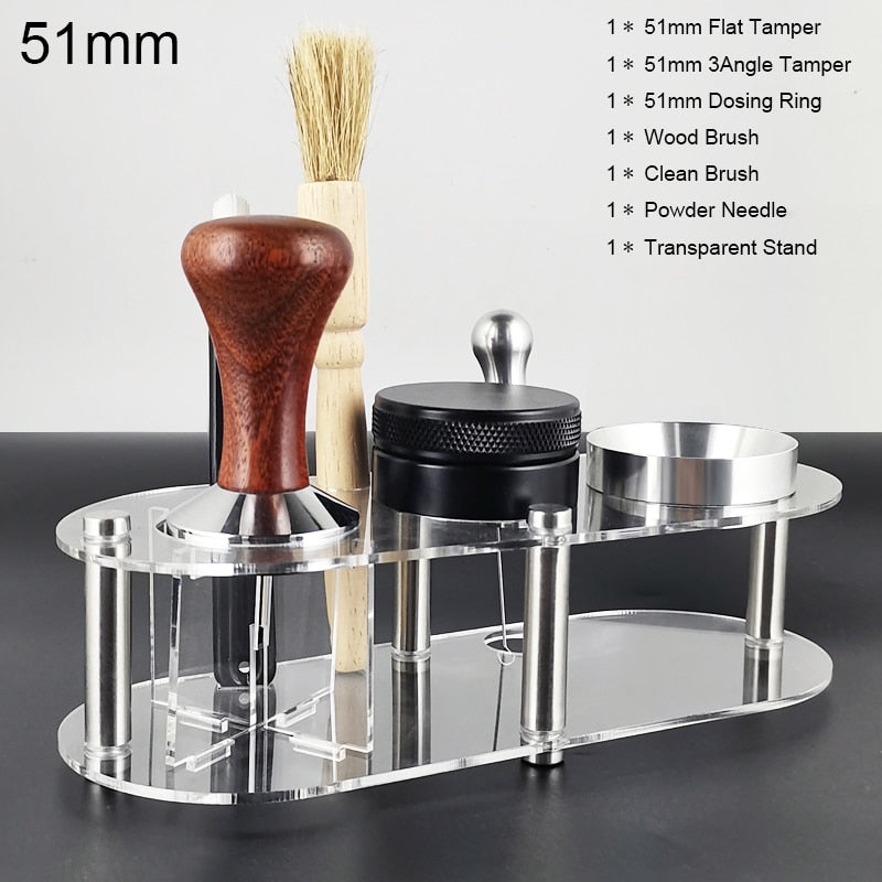 1-7Pcs 51mm/53mm/58mm Adjustable 3Angle Flat Base Coffee Tamper Powder Needle Clean Brush With Transparent Stand Accessories