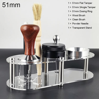 1-7Pcs 51mm/53mm/58mm Adjustable 3Angle Flat Base Coffee Tamper Powder Needle Clean Brush With Transparent Stand Accessories