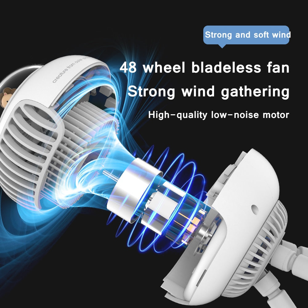 Cartoon UFO Portable Bladeless Safety Baby Stroller Fan USB Rechargeable Silent Outdoor Mini Handheld Small Folding Fan for Home