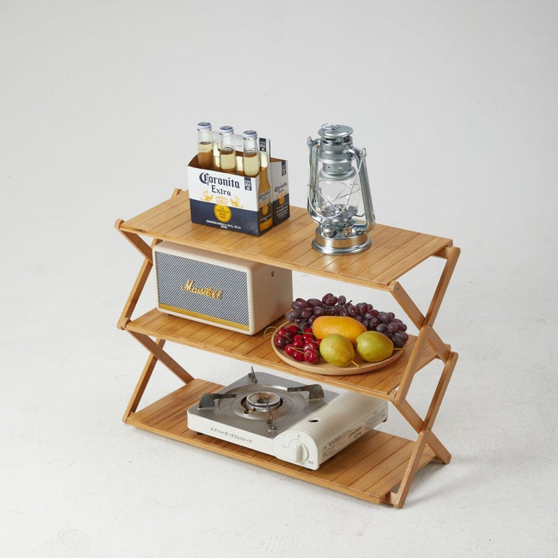 4-Tire Outdoor Rack Camping Picnic Portable Multi-functional Folding Table Multi-layer Bamboo Rack