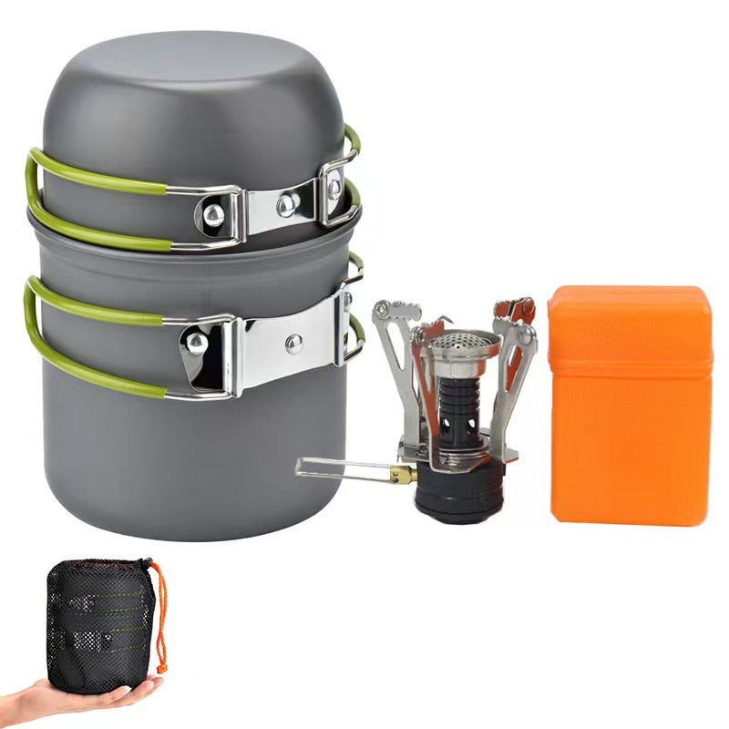 10PCS Camping Cookware Mess Kit with Mini Stove, Bracket Knife Fork Spoon, Stainless Steel Cup for Outdoor Camping Hiking Picnic