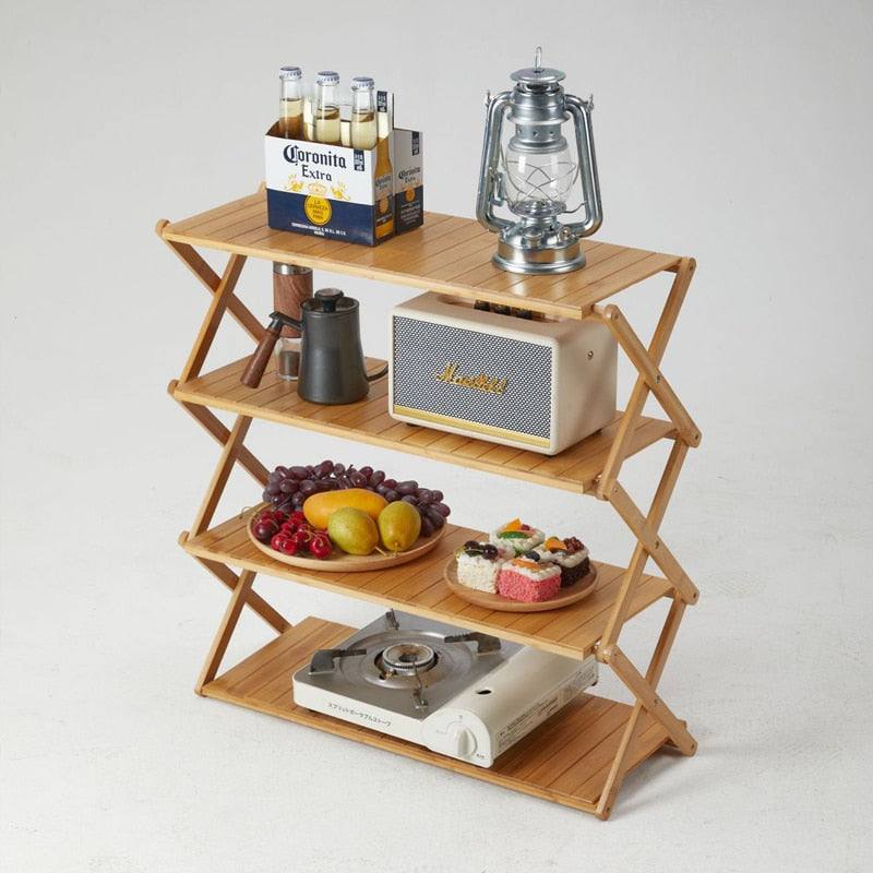 4-Tire Outdoor Rack Camping Picnic Portable Multi-functional Folding Table Multi-layer Bamboo Rack
