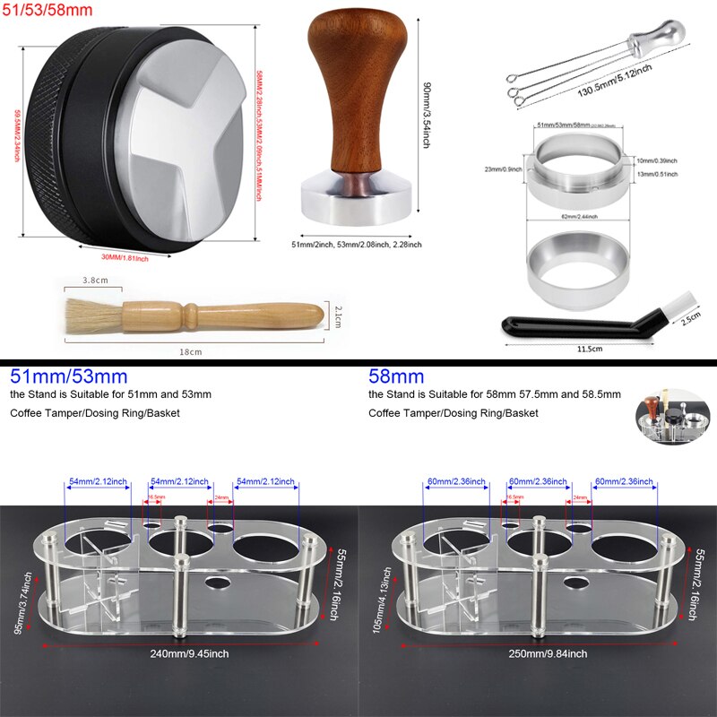 1-7Pcs 51mm/53mm/58mm Adjustable 3Angle Flat Base Coffee Tamper Powder Needle Clean Brush With Transparent Stand Accessories