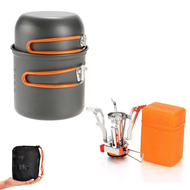 10PCS Camping Cookware Mess Kit with Mini Stove, Bracket Knife Fork Spoon, Stainless Steel Cup for Outdoor Camping Hiking Picnic