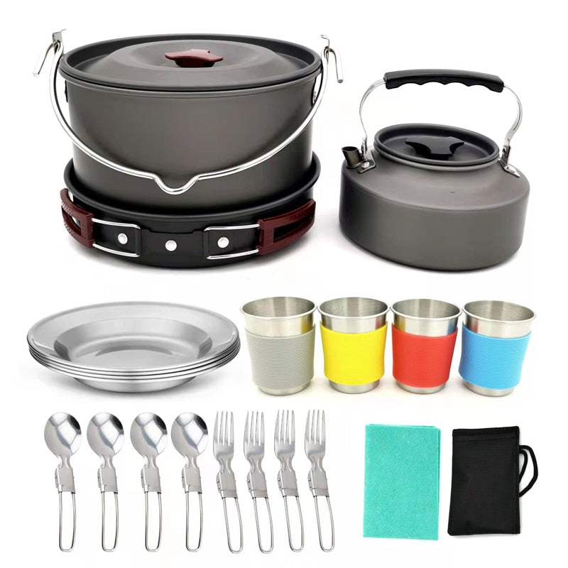 22PCS lightwelght soup pots, pans, teapots whit 4 cupsCamping Cooking kit for 4 person  Outdoor Camping Hiking Picnic