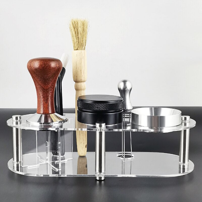 1-7Pcs 51mm/53mm/58mm Adjustable 3Angle Flat Base Coffee Tamper Powder Needle Clean Brush With Transparent Stand Accessories