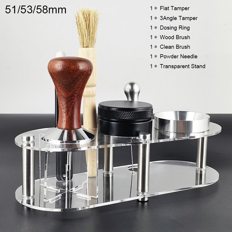 1-7Pcs 51mm/53mm/58mm Adjustable 3Angle Flat Base Coffee Tamper Powder Needle Clean Brush With Transparent Stand Accessories