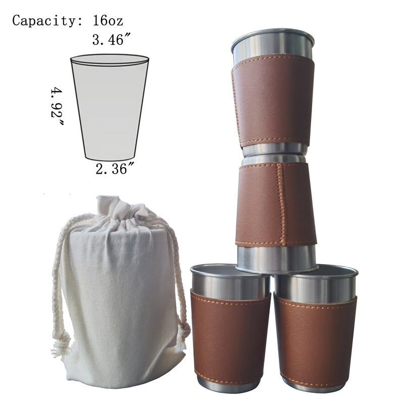 4PCS/lot 10-16oz Outdoor Camping Tableware Travel Cups Set Stainless Steel leather case Drinking Glasses Beer Cup cold drink cup