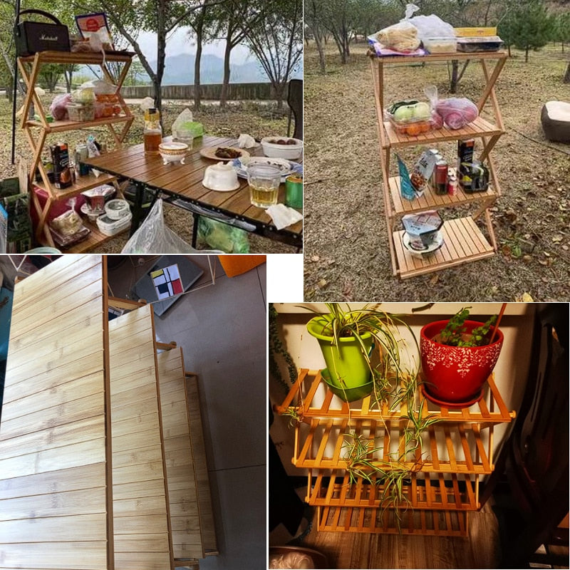 4-Tire Outdoor Rack Camping Picnic Portable Multi-functional Folding Table Multi-layer Bamboo Rack