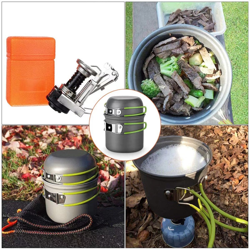 10PCS Camping Cookware Mess Kit with Mini Stove, Bracket Knife Fork Spoon, Stainless Steel Cup for Outdoor Camping Hiking Picnic